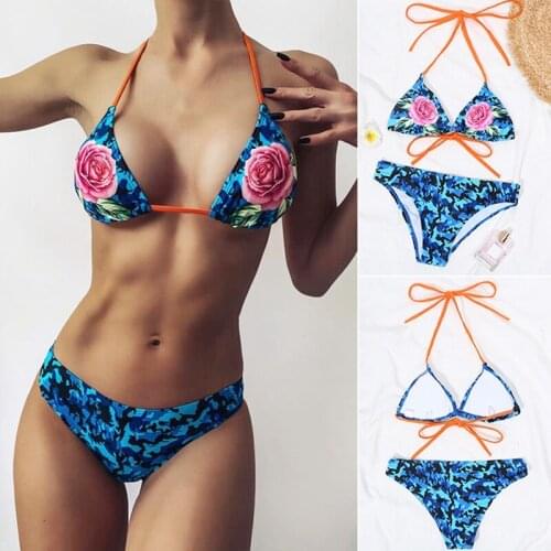 Hot kf-Sexy Brazilian Thong Bikini Swimwear Women Summer Swimming Beach Wear Print Flower String Bathing Suit Swimsuit