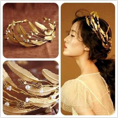 Hand-Woven Metal Products Pearl Gold Leaf Bridal Headdress Ladies Wedding Party Hair Accessories Performance Jewelry
