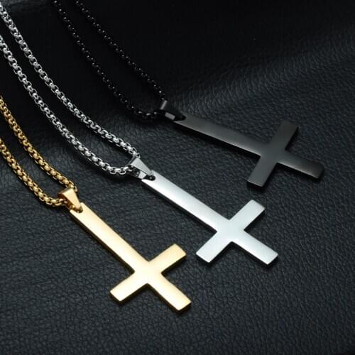 Fashion Stainless Steel Inverted Cross Pendant Necklace Lucifer Satan Punk Jewelry Chain For Men Women Anti-Christian Gift
