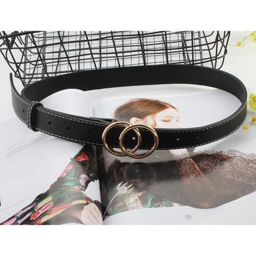 Fashion Women Double Ring Belt Gold Silver Buckle Waist Belts Ladies Jeans Dress Skinny Thin Leather Straps