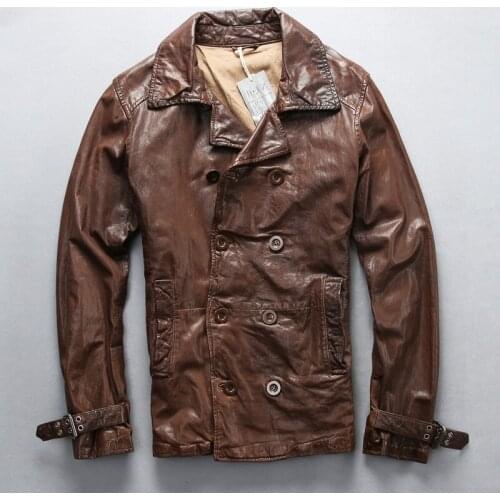 2020 New Mens Genuine Leather Autumn Winter Smart Casual 100% Real Sheepskin Double Breasted Jacket Brand Vintage Coat