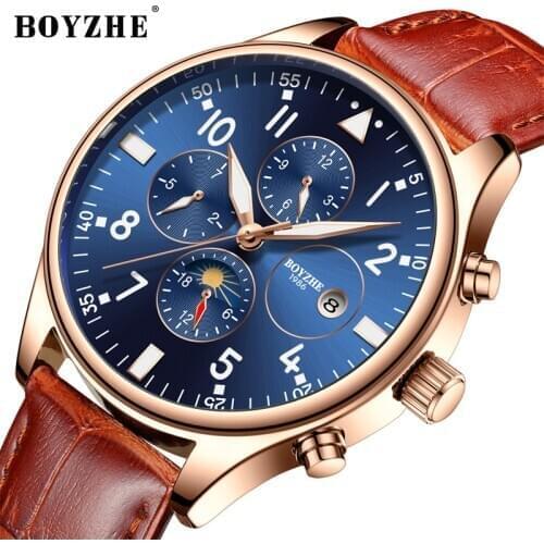 BOYZHE Mens Automatic Mechanical Watch Luxury Brand Waterproof Calendar Luminous Hands Leather Sports Watches Relogio Masculino