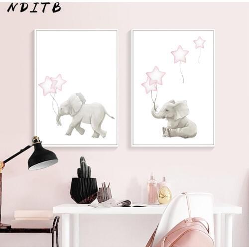 NDITB Lovely Elephant Baby Nursery Wall Art Canvas Painting Cartoon Animal Poster Print Decorative Pictures Kids Bedroom Decor