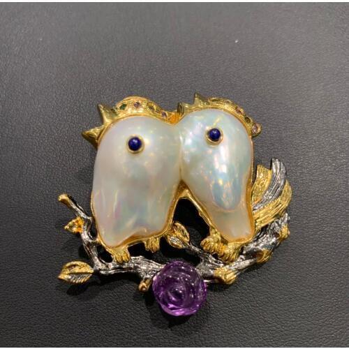 Baroque natural fresh water pearl double birds brooch & pendant double use 925 sterling silver unique style only 1 piece cute