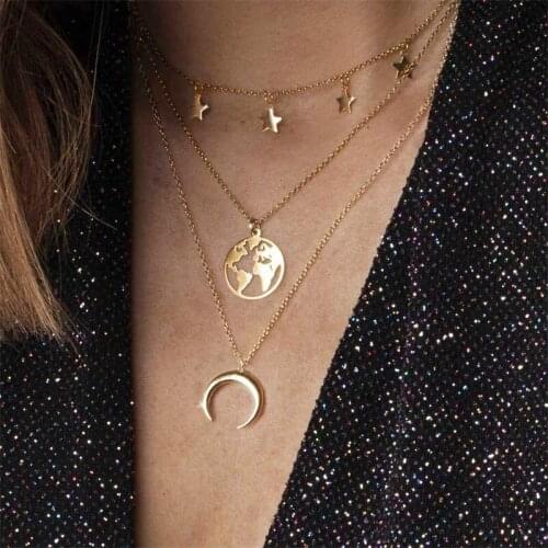 51817 new alloy clavicle chain creative personality alloy star moon map multilayer Necklace