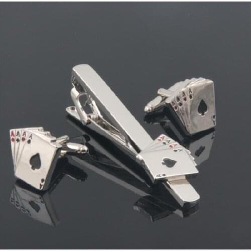 WholeSale 10sets/lot Engraved / personalised 4 aces poker card player tie clip Cufflink Set Brass Copper TieClip Cuff links