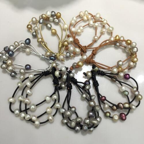 Wholesale Baroque Natural fresh water pearl bracelet black brown leather 20pcses/lot fashion women jewerly casual freeshipping