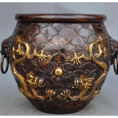 Marked Old China Gilt Bronze Foo Dog Lion Head Dragon Statue Pot jar Tank Crock