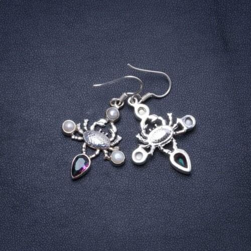 Natural Mystical Topaz and River Pearl Handmade Unique 925 Sterling Silver Earrings 1.75" Y0258