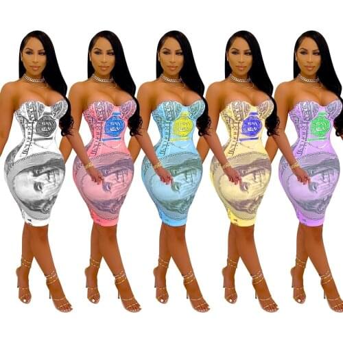 Sexy Sleeveless Money Mini Dress Party Club Wear Us Dollar Printed Bodycon Dresses off Shoulder Sundresses Women Clothes 2021