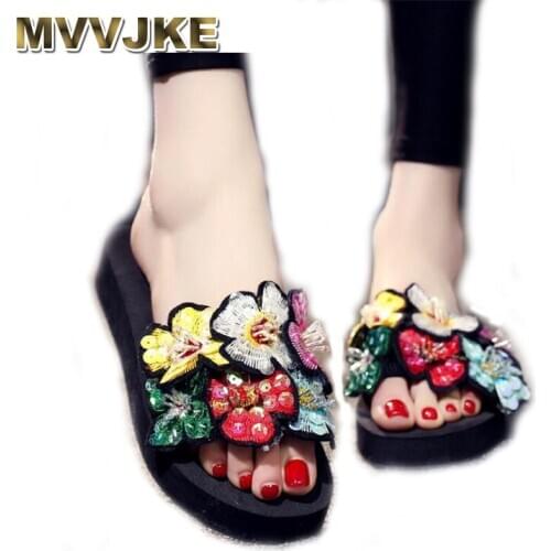 MVVJKE New summer slippers women fashion flip flops beach platform sandals ladies handmade flowers shoes woman pantoufle femme