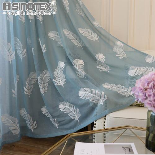 Luxury Blue Feather Embroidered Tulle Voile Curtains European Style Room Sheer Drapes Window Ready Panels Home Decor 1 PCS/Lot