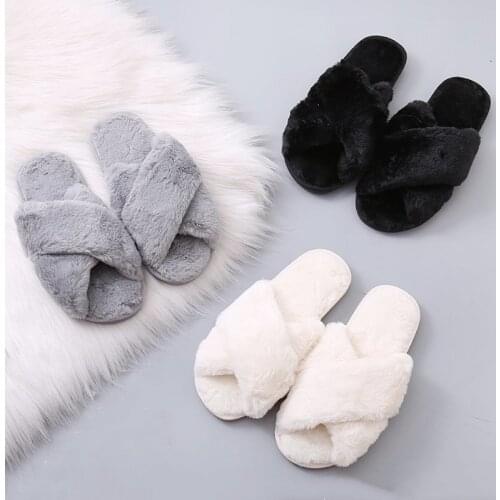 Warm fluffy slippers womens plush slippers comfortable faux fur cross indoor floor slippers flat soft fur shoes ladies women