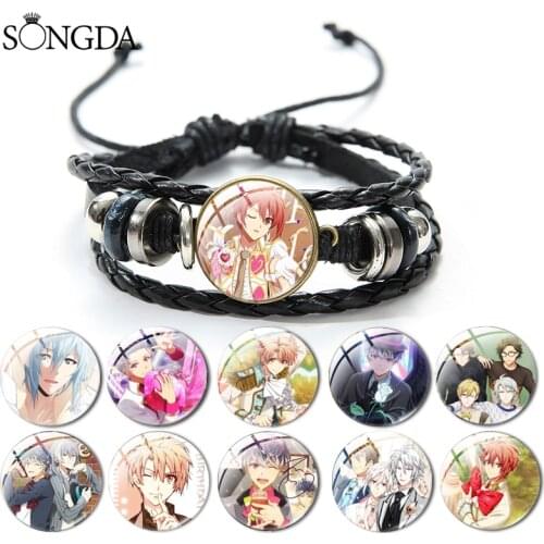 Japan Anime IDOLISH7 Boys Girls Leather Bracelets Beaded Glass Cabochon Multi Layer Adjustable Black Hand Strap Teens Child Gift
