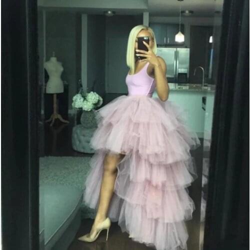 High Low Tulle Skirts Tiered Ruffle Tutu Puffy Floor Length Sweet Pink Elastic Waist for Handmade Formal Wedding Cocktail Dress