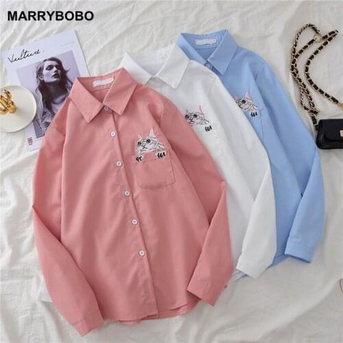 2021 Spring Autumn Cat Embroidery Blouse Shirt Plus Size Women White Cute Shirts Ladies Korean Casual Long Sleeve Tops