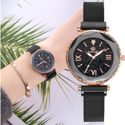 Women Mesh Magnet Buckle Starry Sky Watch Casual Luxury Women Geometric Surface Quartz Watches Gift for Women Relogio Feminino
