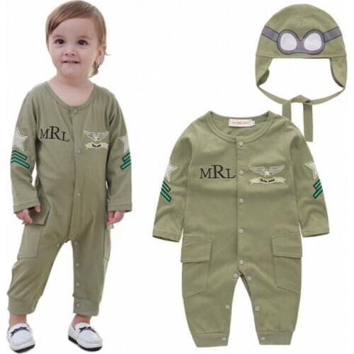 Baby Boy Infant Green Full Sleeves Pilot Aviator Romper+Hat 2pcs Set Playsuit Outfit Jumpsuit Rompers Cotton Costume