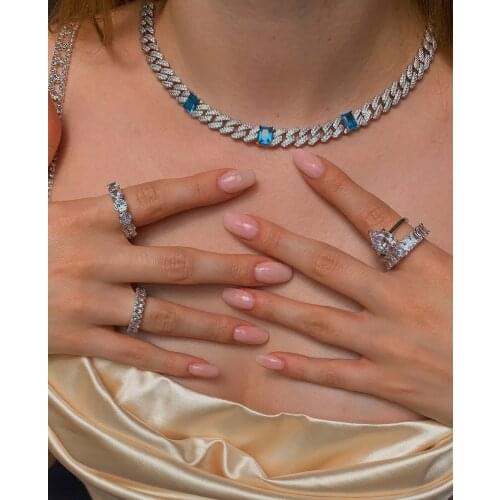 Iced out bling hip hop women jewelry 11mm width cz Miami cuban link chain blue baguette stone cuban choker necklace