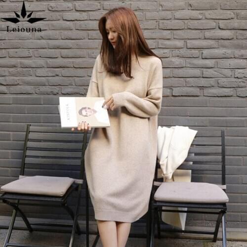 Leiouna Long Loose Large Size South Korea Autumn Winter Lazy Style Knitting Over The Knee Medium Length Pullover Woolen Dress