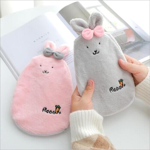 1Pc Cute Rabbit PVC Stress Pain Relief Therapy Hot Water Bottle Bag with Soft Cozy Cover Winter Warm Heat Reusable Hand Warmer