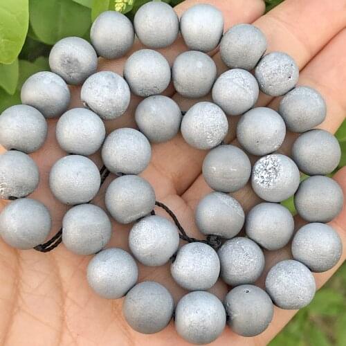 Natural Frosted Sliver Gray Metallic Coated Druzy Agates Onyx Stone Loose Mineral Spacer Beads For Jewelry Making Diy Bracelet