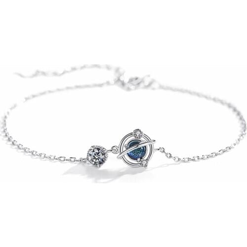 925 Sterling Silver Crystal Planet Charm Bracelet &Bangle For Women Wedding Jewelry SL011