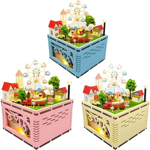 DIY Wooden Ferris Wheel Music Box Dollhouse Kits Miniature with Furniture Accessories Villa Doll House Casa Toys for Girls Gifts