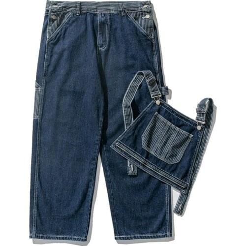 Retro Japan Style Jeans Men Woman Overalls Bib Denim Jumpsuits Stripe Patch Pocket Removable Straight Cargo Pants Blue Trousers