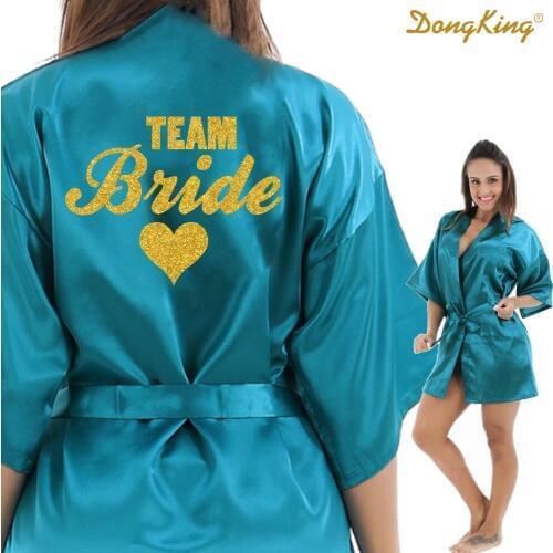 DongKing TEAM BRIDE Robes Team Bride Heart Golden Glitter Print Kimono Robes Satin Bridal Party Robe Bride Team Wedding Gift