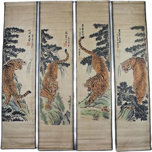 China Old Paper Calligraphy Paintings Scrolls Chinese Poems And Painting Tiger Four Tiger Map