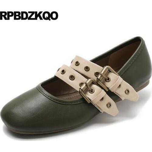 Chinese Korean China Ladies Green 2018 Shoes Vintage Mary Jane Roll Up Designer Square Toe Women Foldable Ballet Flats Belts