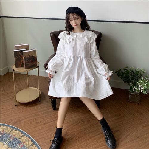 Korean Mori Girl Autumn New Dress Sweet Lace Peter Pan Collar Kawaii Lantern Full Sleeve Vintage Loose Solid Color Basis Dress
