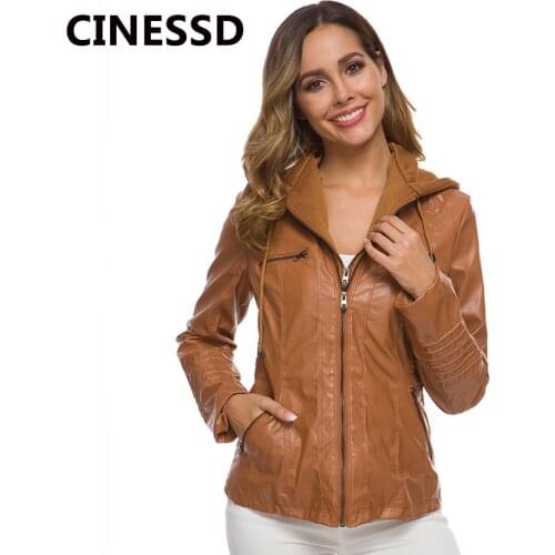 CINESSD Women Leather Jackets 2021 Drawstring Hooded Long Sleeves Motorcycle Garment Black Zipper Casual Short PU Pocket Jacket