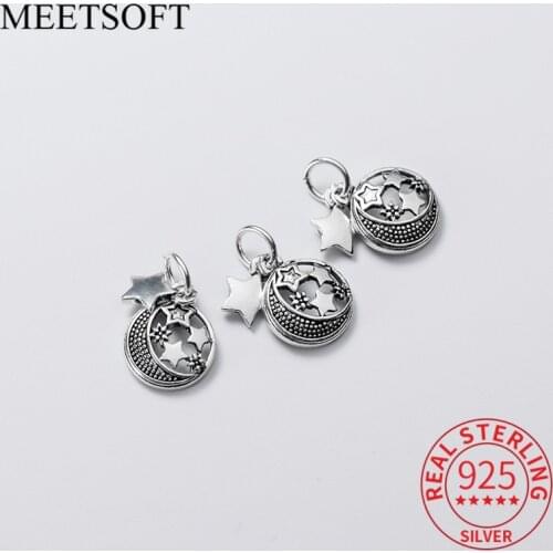 MEETSOFT 925 Tibetan Silver Vintage Hollow Moon Star Charms Romantic Bracelet Making DIY Necklace Jewelry Making Findings