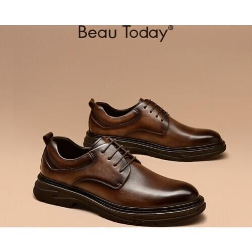Derby Shoes Men Genuine Cow Leather Waxing Round Toe Business Cross-Tied Classic Formal Dress Flat Male Handmade BeauToday 55508