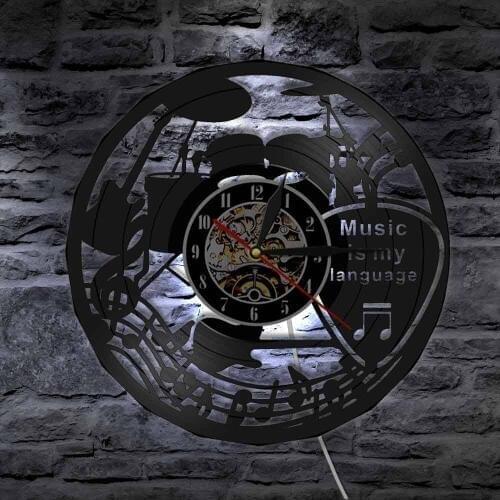 Music Band Guitar Drums Design Vinyl Record Wall Clock Music Is My Language Wall Clock Music Theater Decor Gift For Music Lover