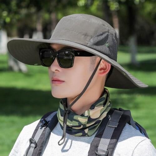 Summer Outdoor Men Anti UV Hiking Hat Breathable Mesh Bucket Hats For Male Long Wide Brim Fishing Hat Panama Sun Beach Caps