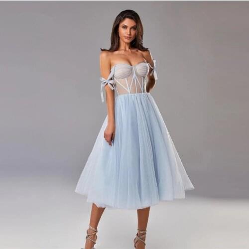 Sky Blue Prom Dresses A-line Off The Shoulder Tea Length Tulle Dubai Saudi Arabic Robe De Soiree Short Prom Gown Evening Dresses