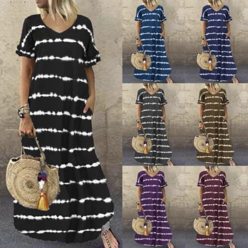 Striped Loose Women Dress Plus Size Summer Short Sleeve V-neck Big Swing Long Dress Pocket Women Dress S-5XL Streetwear Vestidos