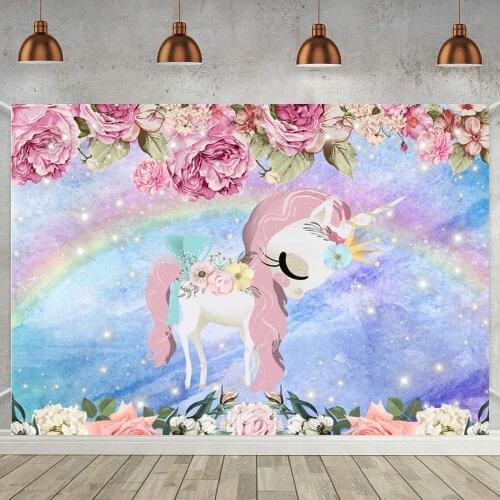Pink Rose Floral Long Hair Unicorn Girl Princess Backgrond For Photography Rainbow Light Bokeh Little Pony Backdrops Table Decor