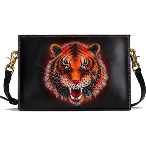 Handmade Business Men Vegetable Tanned Leather Carving Tiger Bag Money Holder Clutch Purse Phone Pocket Man Clutches Envelope