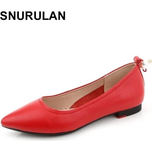 SNURULAN 2020 Genuine Leather Flats Woman Loafers Flexible Cowhide Spring Casual Shoes Women Flats Women Work Shoes Plus Size