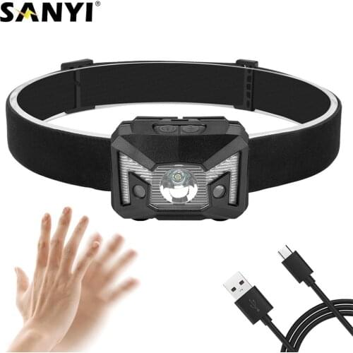 LED Headlamp 5 Modes White Red Head Flashlight Torch Sensor Rechargeable Head Light Forehead Head Lamp Night Fishing Headlight