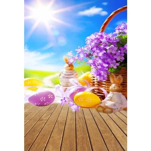 VinylBDS Easter Photo Backdrop Colorful Eggs Wood Floor Background Blue Sky For Children Easter Backdrop