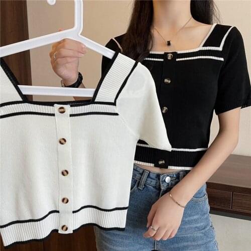 Vintage Short Sleeve Square Collar Knitted T-shirts With Decorated Buttons Girls Patchwork Crop Tops Thin Knitwear For Women