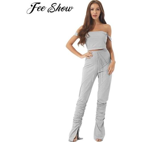 Women Pure Color Sexy Summer Yoga Suits Sportswear Gym Fitness Cropped Top with High Waist Ruffled Bell Pants Casual Sports Set