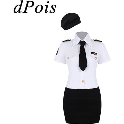 Women Halloween Costume Adult Police Officer Policewoman Sexy Lingerie Fancy Dress Cosplay Uniform Shirt & Bodycon Skirt Hat Tie