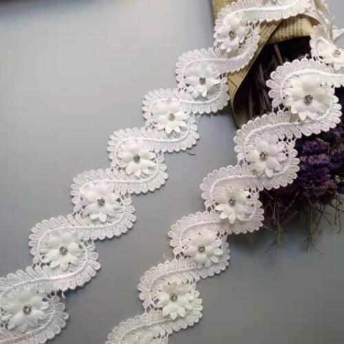 10pcs/lot Soluble White Pearl Flowers Polyester Embroidered Lace Trim Ribbon Handmade Sewing Craft For Costume Hat Decoration