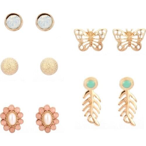 5 Pairs/Set Butterfly Pearl Crystal Earrings Set Women Jewelry Accessories Flower Leaf Studs Earrings Kit Bijouteria Brincos